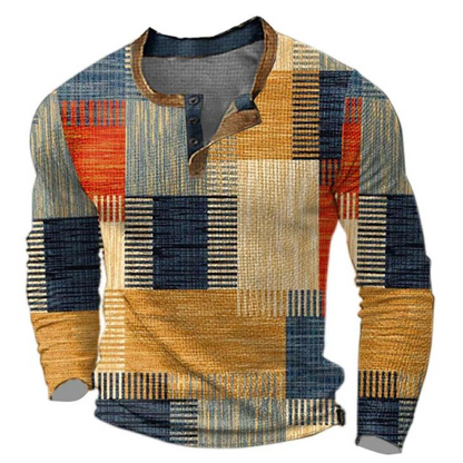 Luuk - Heren Comfort Trui met Ronde Hals Knoopsluiting en Grafische Print