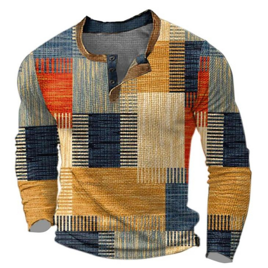 Luuk - Heren Comfort Trui met Ronde Hals Knoopsluiting en Grafische Print