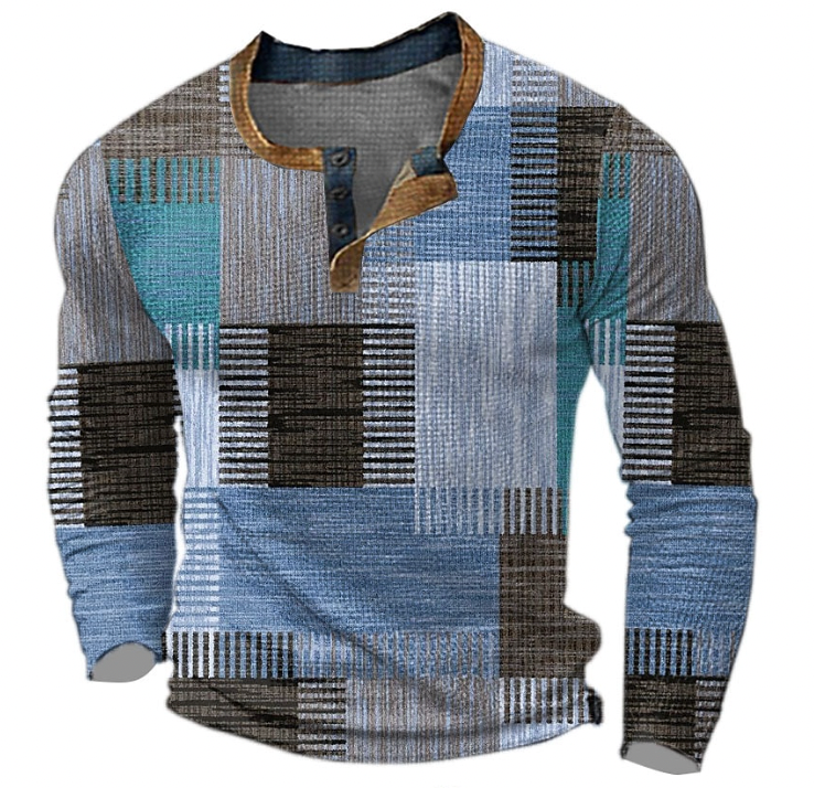Luuk - Heren Comfort Trui met Ronde Hals Knoopsluiting en Grafische Print