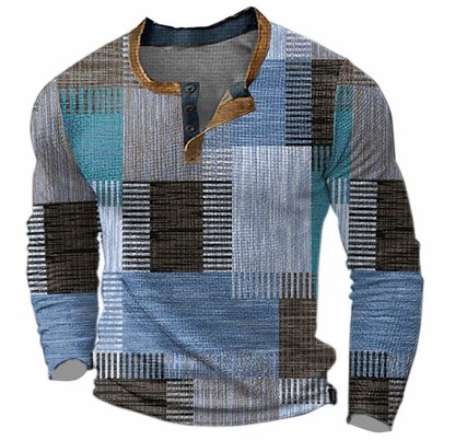 Luuk - Heren Comfort Trui met Ronde Hals Knoopsluiting en Grafische Print