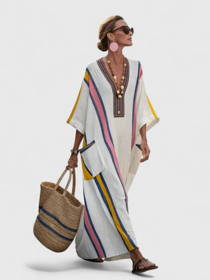 Maud - Casual Zomerjurk Dames Maxi met Kleurstrepen en Kimonomodel