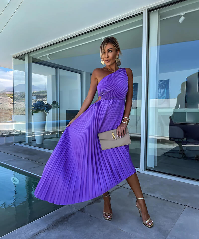 Maud - Chique Bruiloft Gastenjurk Dames met One-Shoulder en Geplooide Midi-rok