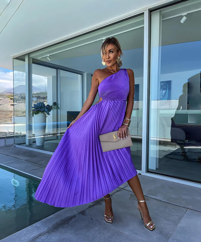 Maud - Chique Bruiloft Gastenjurk Dames met One-Shoulder en Geplooide Midi-rok