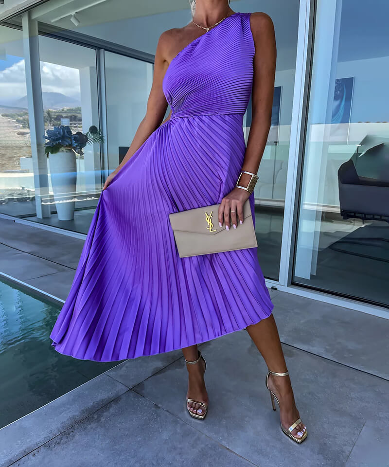 Maud - Chique Bruiloft Gastenjurk Dames met One-Shoulder en Geplooide Midi-rok
