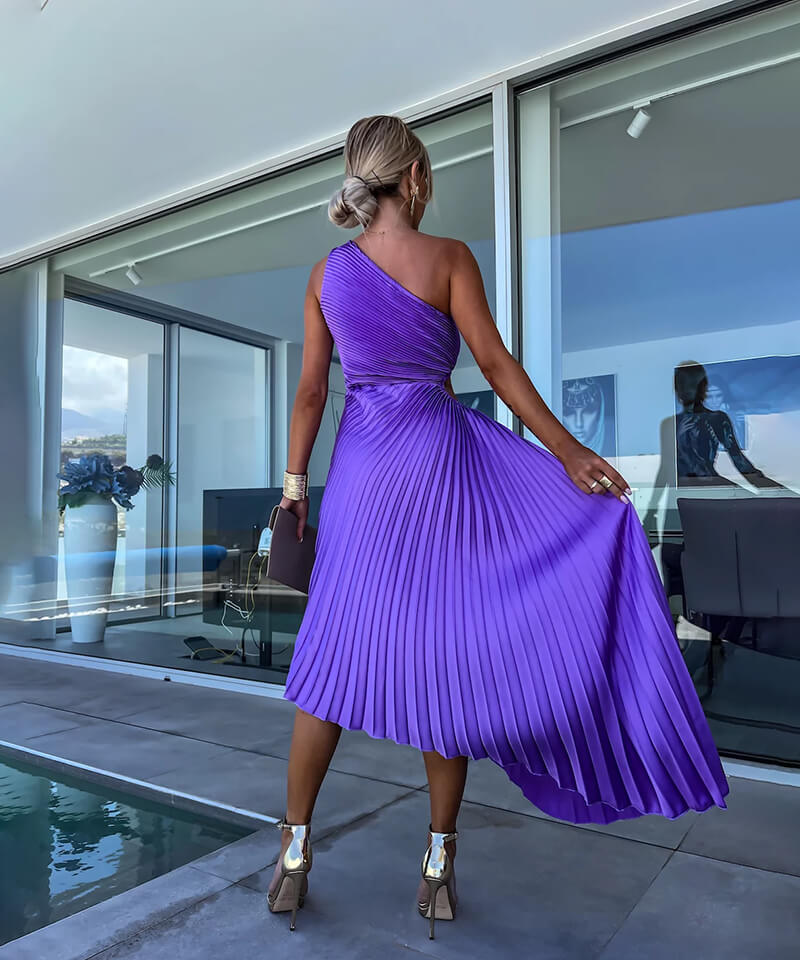 Maud - Chique Bruiloft Gastenjurk Dames met One-Shoulder en Geplooide Midi-rok