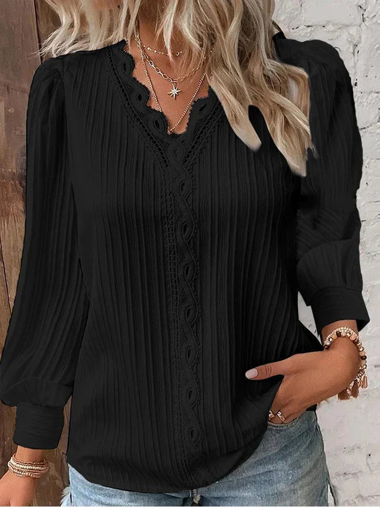 Maud - Dames Longsleeve Top Comfort met V-Hals en Geschulpte Rand