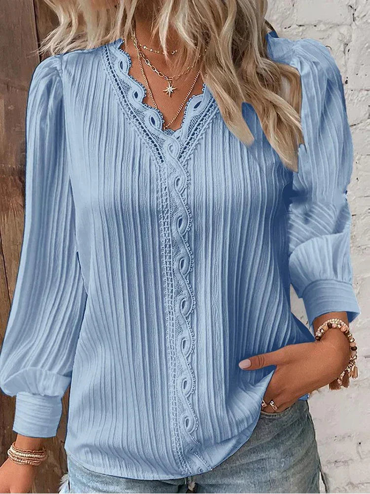 Maud - Dames Longsleeve Top Comfort met V-Hals en Geschulpte Rand