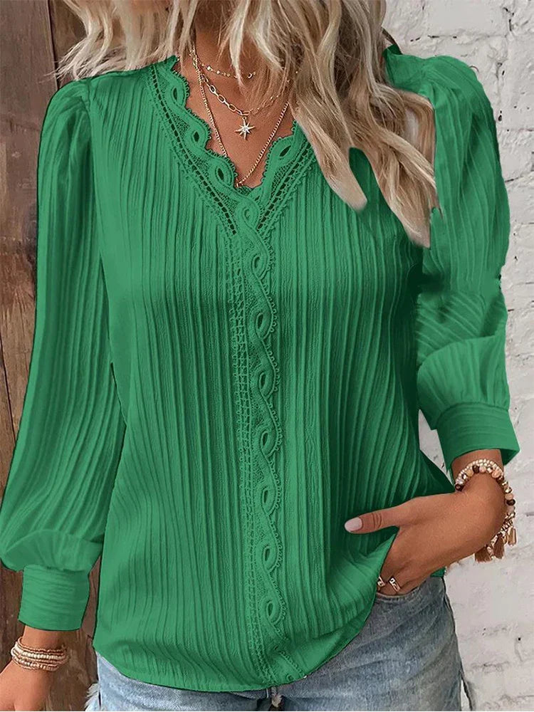 Maud - Dames Longsleeve Top Comfort met V-Hals en Geschulpte Rand