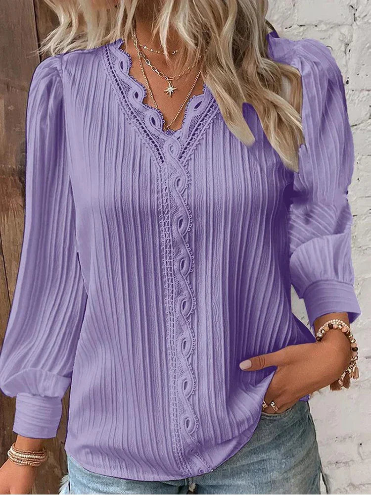 Maud - Dames Longsleeve Top Comfort met V-Hals en Geschulpte Rand