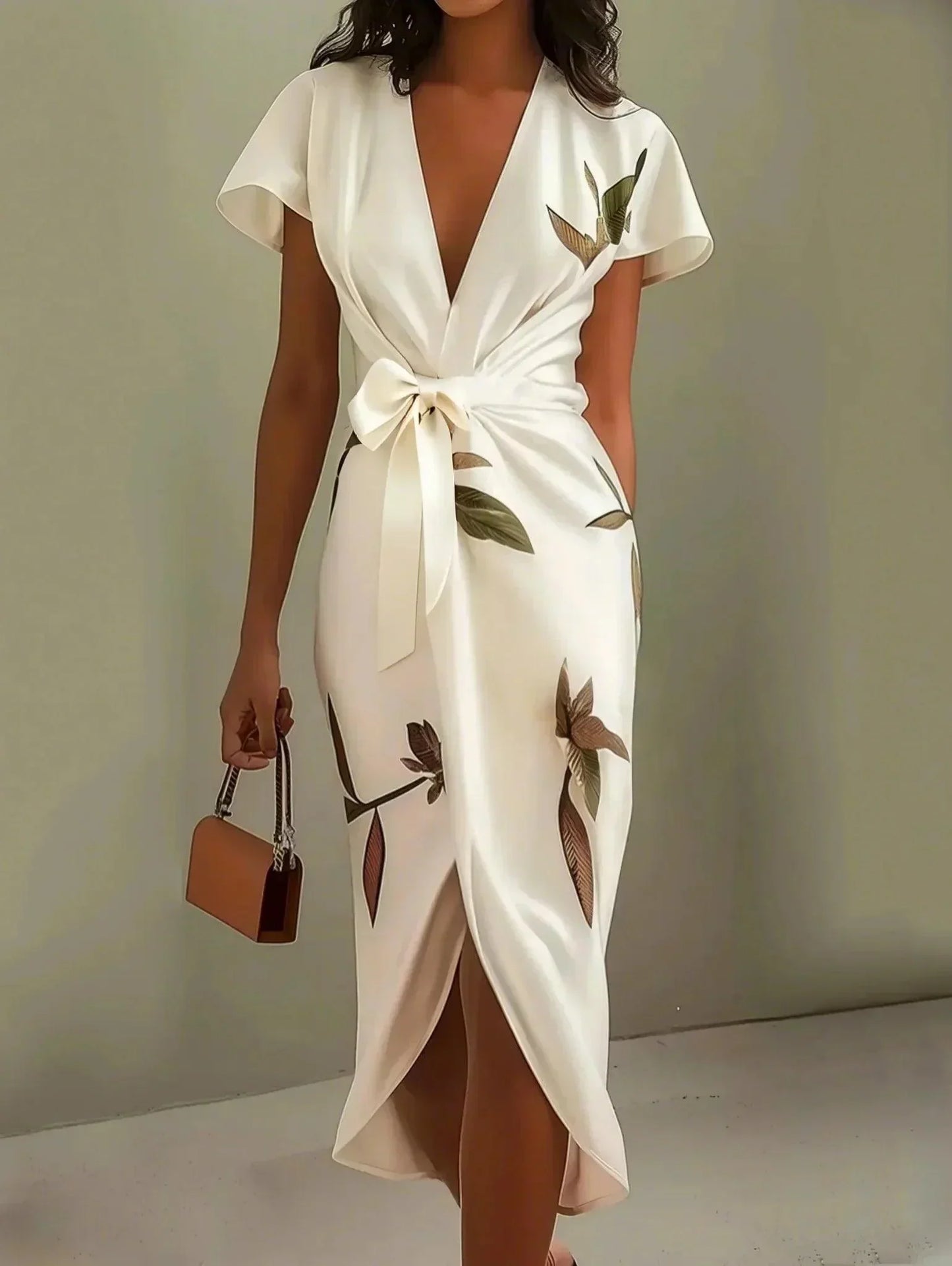 Maud - Elegante Bruiloft Gastenjurk Dames met Diepe V-hals en Bladprint
