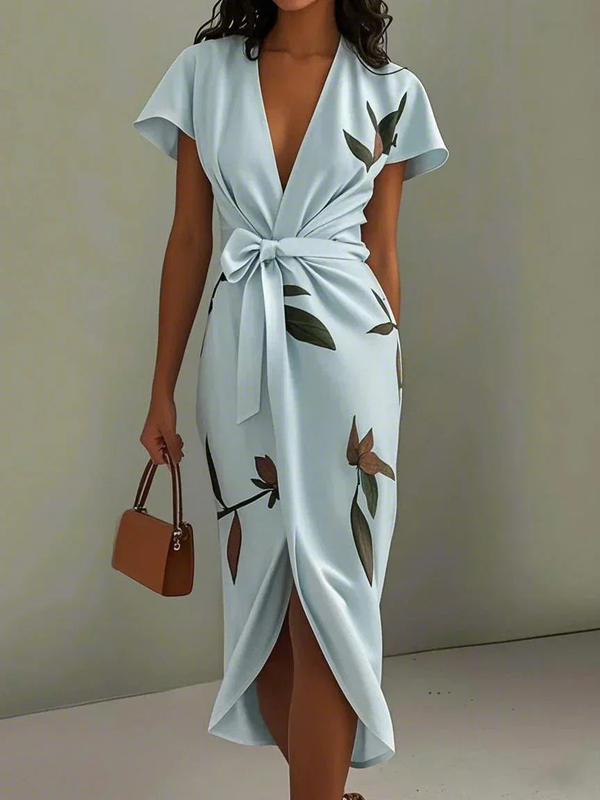 Maud - Elegante Bruiloft Gastenjurk Dames met Diepe V-hals en Bladprint