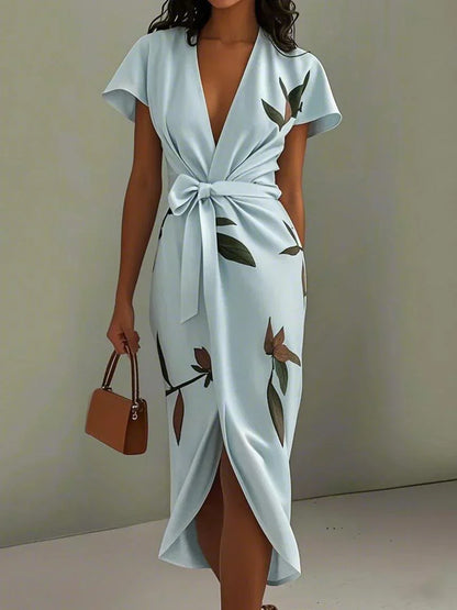 Maud - Elegante Bruiloft Gastenjurk Dames met Diepe V-hals en Bladprint