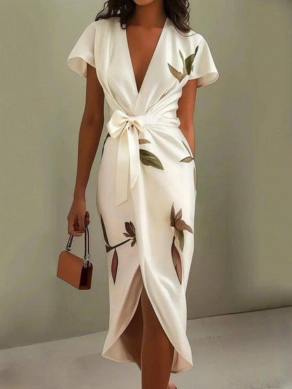 Maud - Elegante Bruiloft Gastenjurk Dames met Diepe V-hals en Bladprint