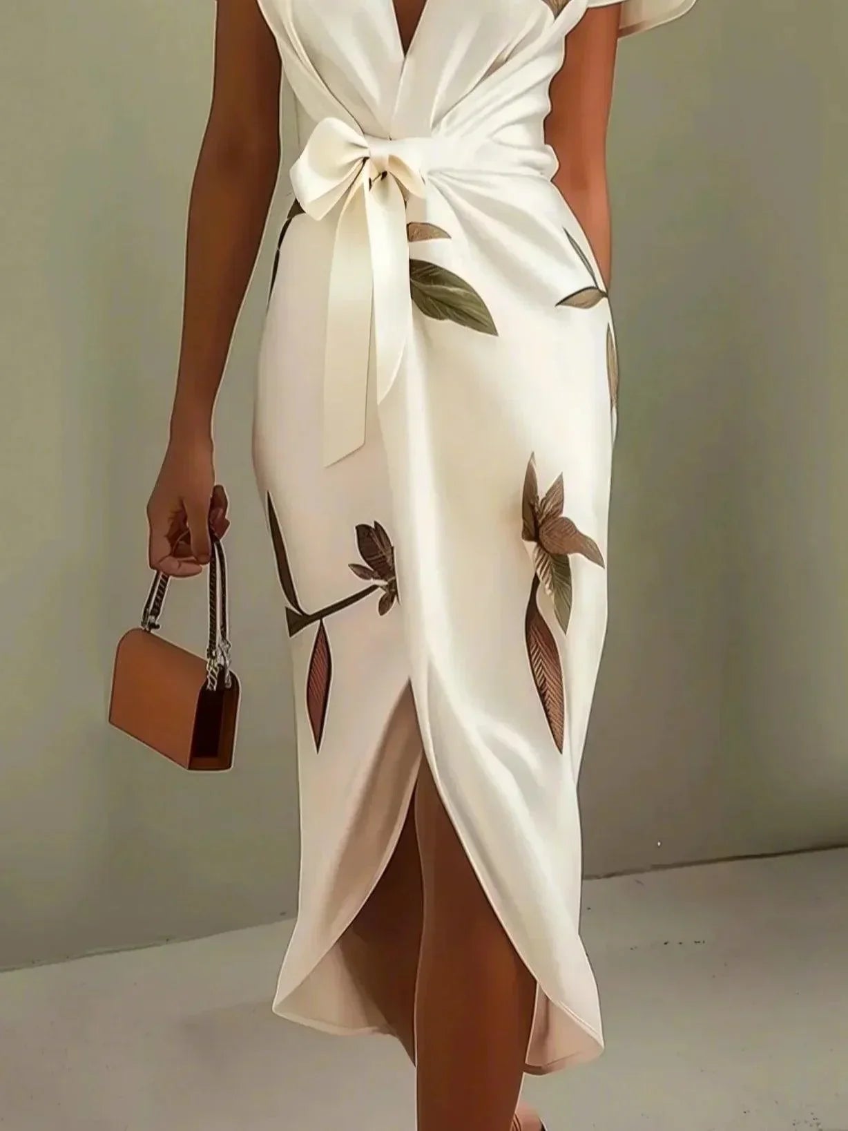 Maud - Elegante Bruiloft Gastenjurk Dames met Diepe V-hals en Bladprint