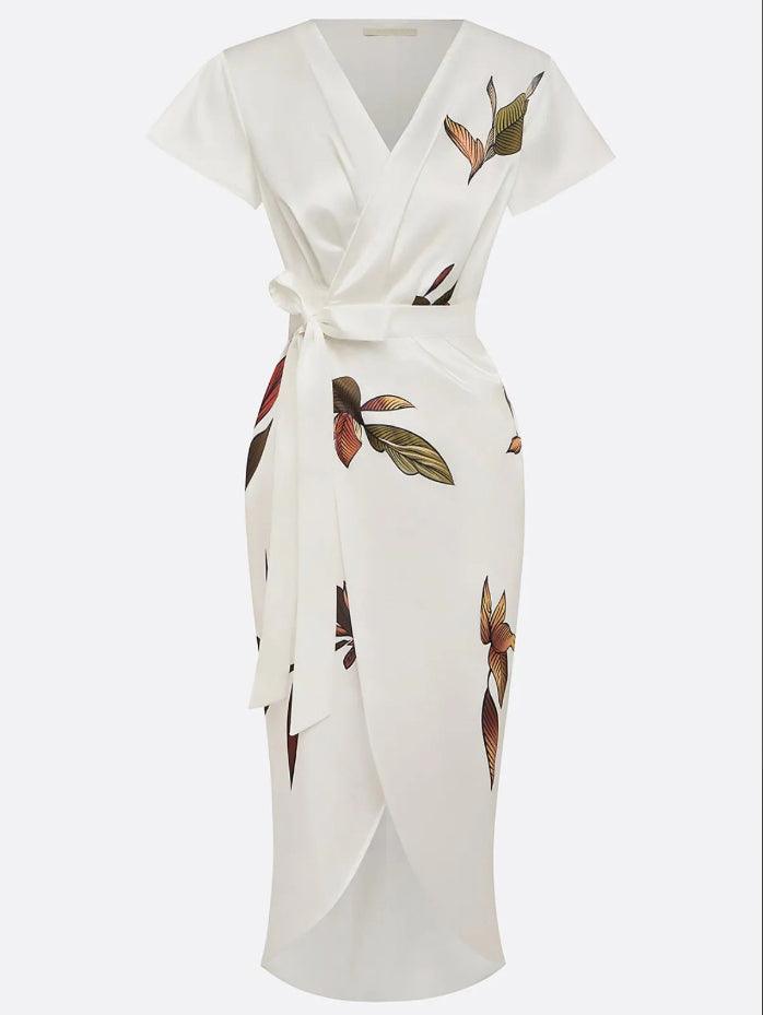 Maud - Elegante Bruiloft Gastenjurk Dames met Diepe V-hals en Bladprint