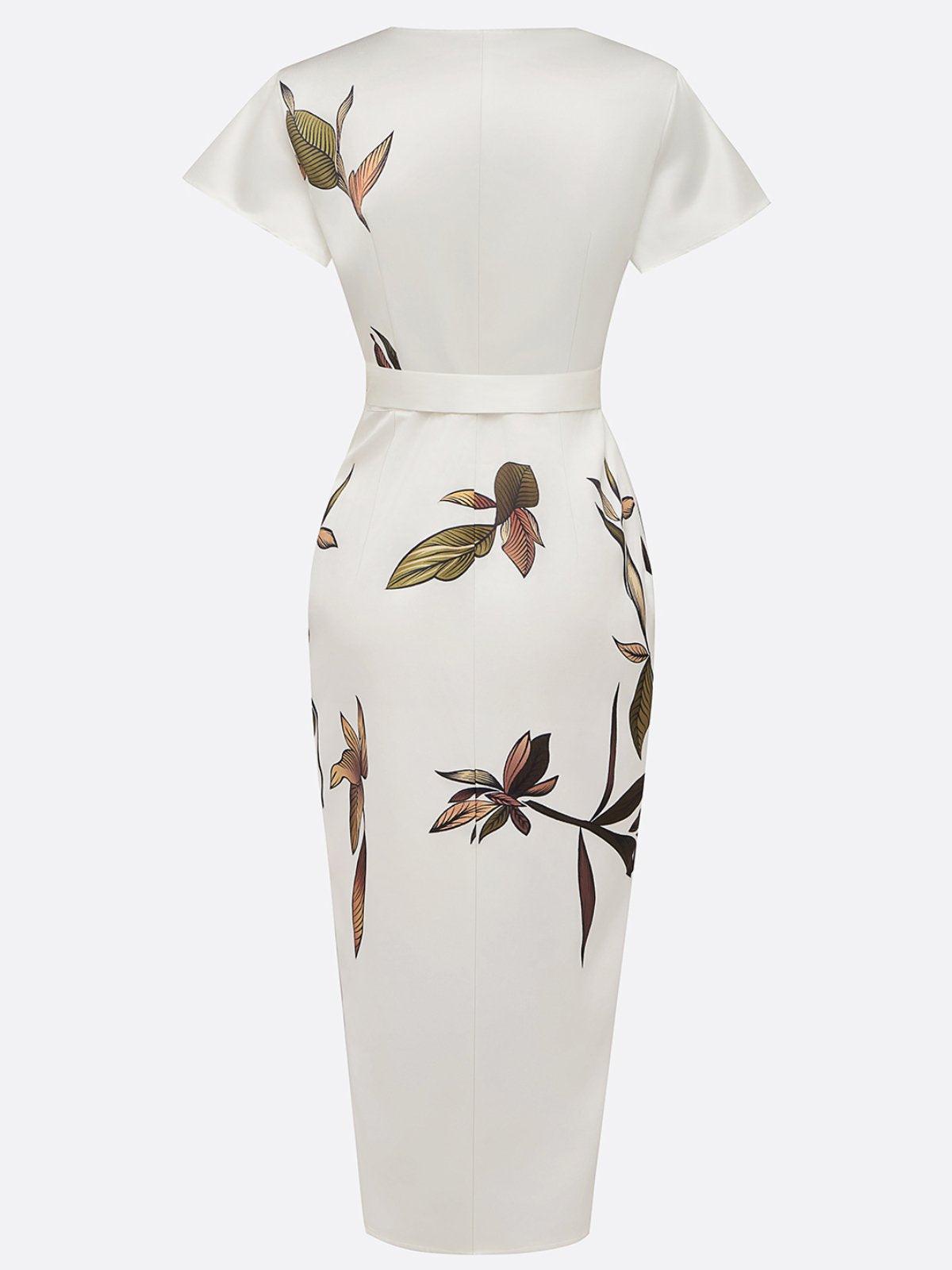 Maud - Elegante Bruiloft Gastenjurk Dames met Diepe V-hals en Bladprint