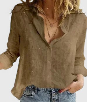 Maud - Elegante Linnen Blouse Dames met Lange Mouwen en V-hals