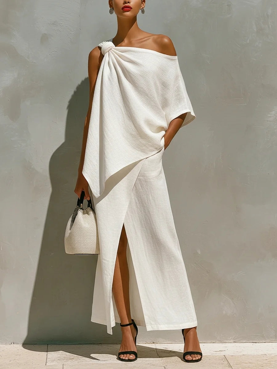 Maud - Elegante Linnen Set Dames met One-Shoulder Top en Maxi Rok met Split