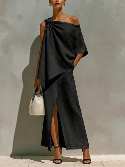 Maud - Elegante Linnen Set Dames met One-Shoulder Top en Maxi Rok met Split