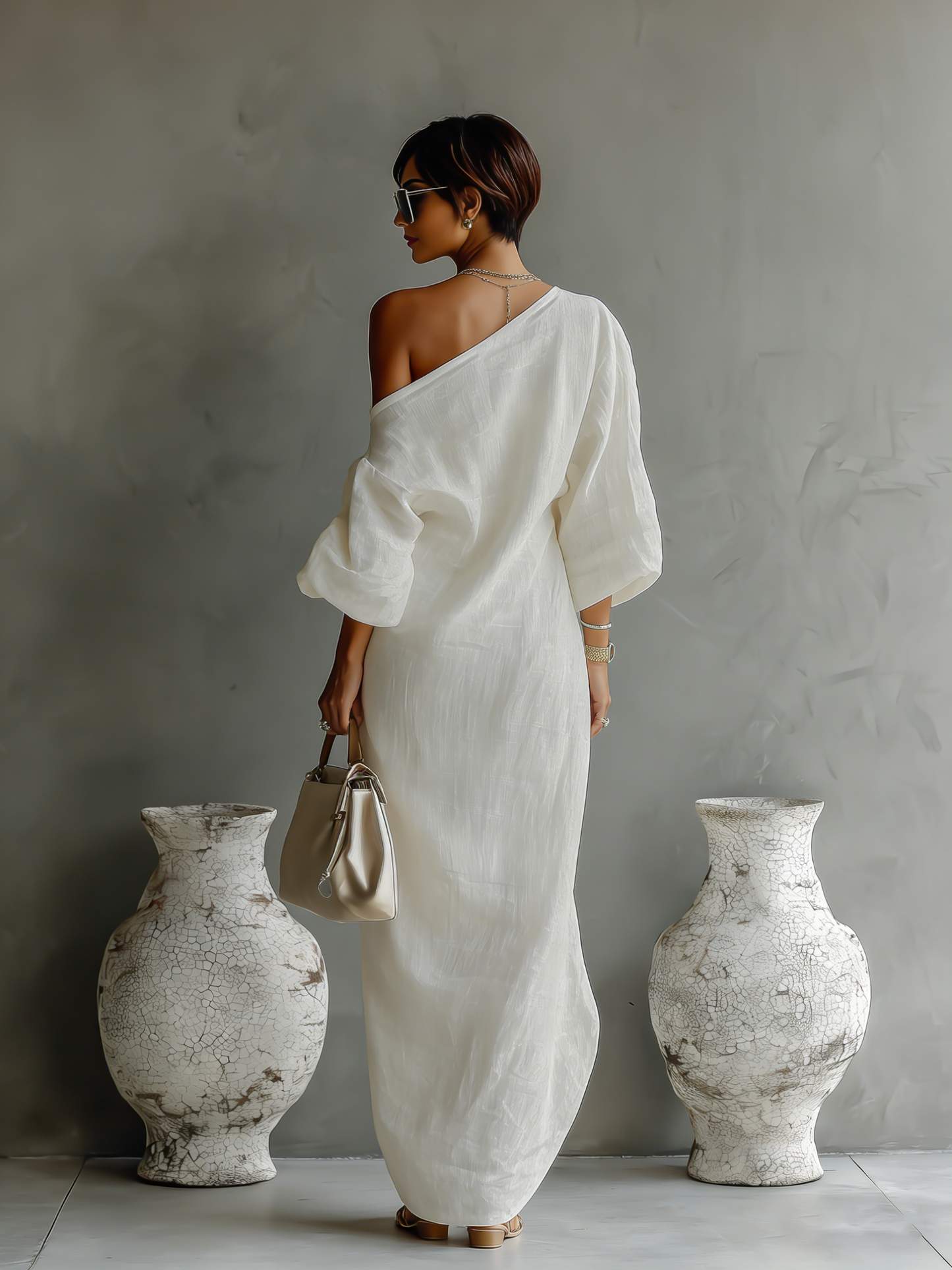Maud - Elegante Maxi Linnen Jurk Dames met Blote Schouder en Pofmouwen