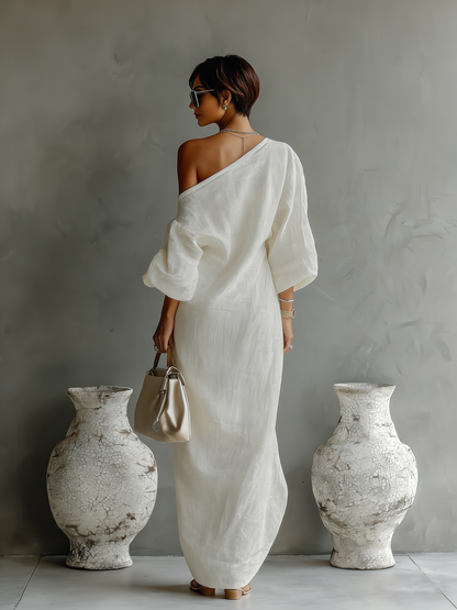 Maud - Elegante Maxi Linnen Jurk Dames met Blote Schouder en Pofmouwen