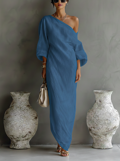 Maud - Elegante Maxi Linnen Jurk Dames met Blote Schouder en Pofmouwen