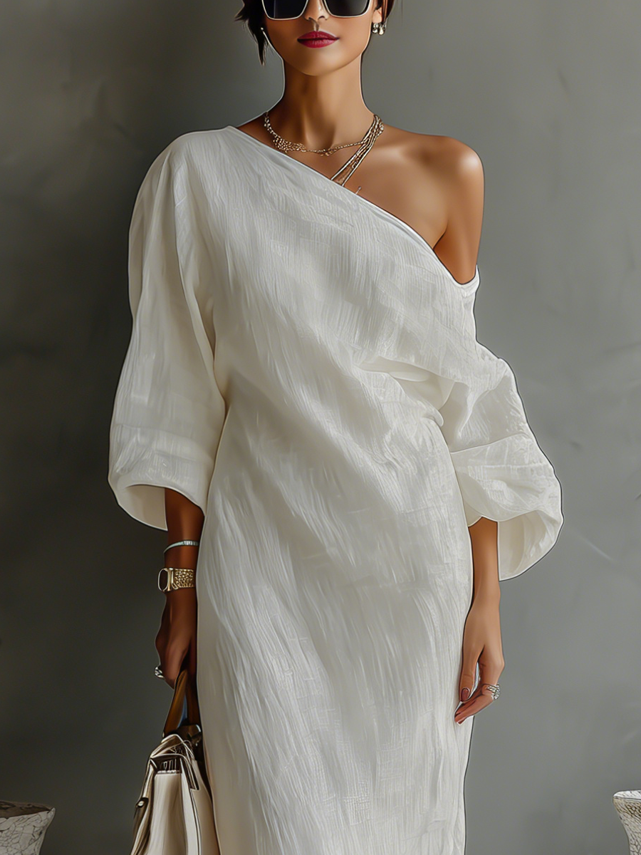 Maud - Elegante Maxi Linnen Jurk Dames met Blote Schouder en Pofmouwen