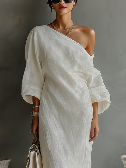 Maud - Elegante Maxi Linnen Jurk Dames met Blote Schouder en Pofmouwen
