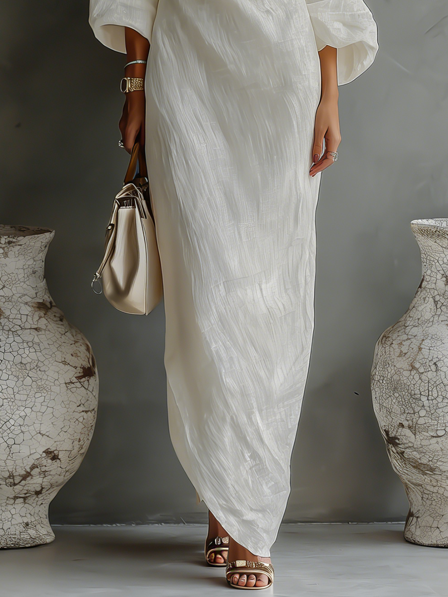 Maud - Elegante Maxi Linnen Jurk Dames met Blote Schouder en Pofmouwen