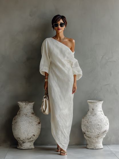 Maud - Elegante Maxi Linnen Jurk Dames met Blote Schouder en Pofmouwen