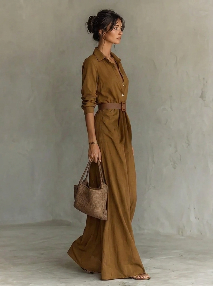 Maud - Maxi jurk dames lang en ruim met ceintuur en lange mouw