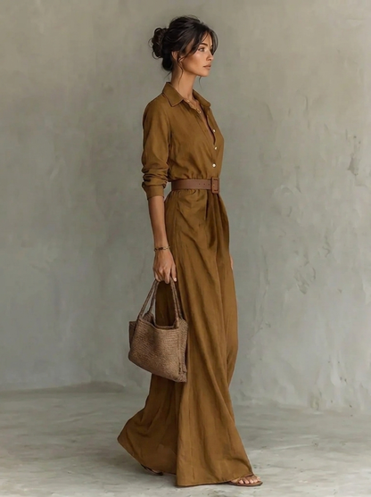 Maud - Maxi jurk dames lang en ruim met ceintuur en lange mouw