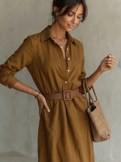 Maud - Maxi jurk dames lang en ruim met ceintuur en lange mouw