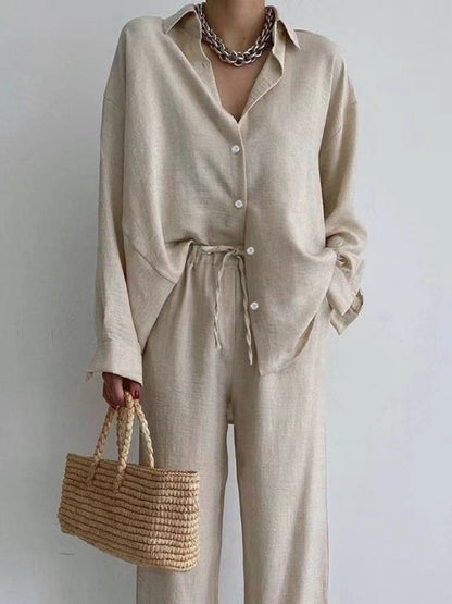 Roos - Stijlvolle Linnen Co-ord Set Dames met Oversized Blouse en Wijde Broek