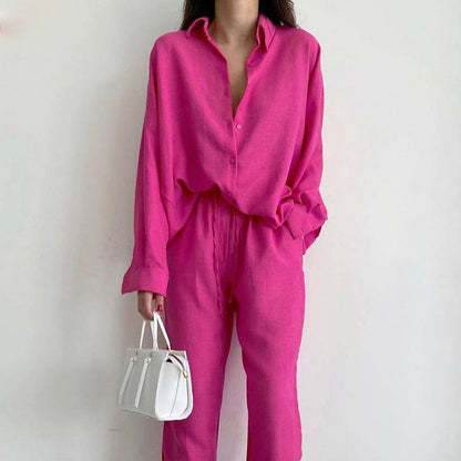 Roos - Stijlvolle Linnen Co-ord Set Dames met Oversized Blouse en Wijde Broek