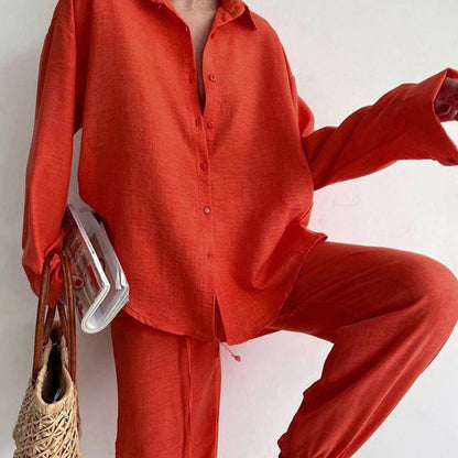Roos - Stijlvolle Linnen Co-ord Set Dames met Oversized Blouse en Wijde Broek