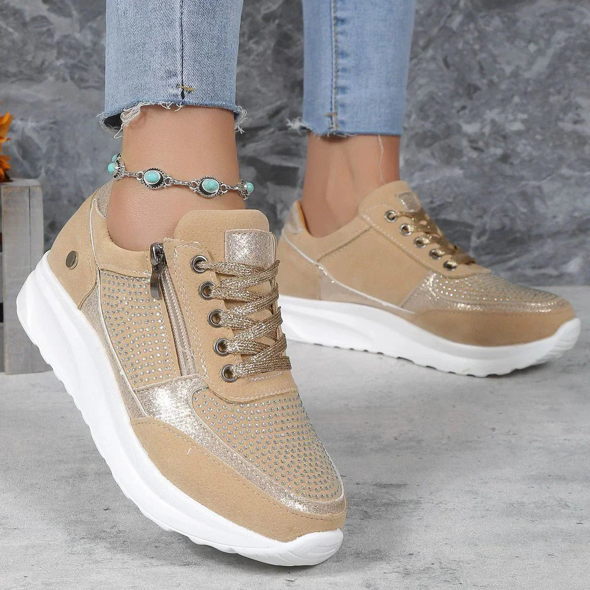 Maud - Stijlvolle Orthopedische Sneakers Dames met Rits en Glinsterdetail