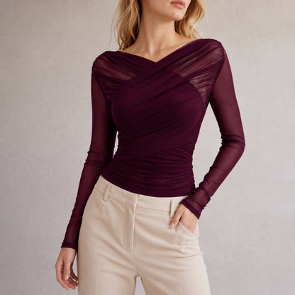 Maud - Top dames chic en gedrapeerd met lange mouw en v hals