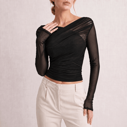 Maud - Top dames chic en gedrapeerd met lange mouw en v hals