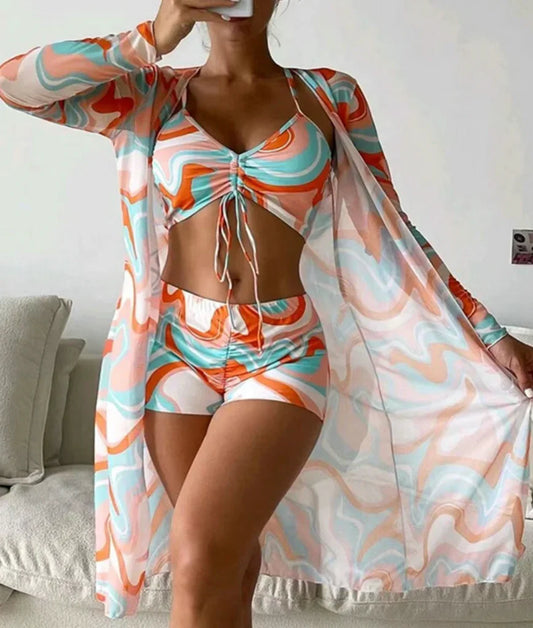 Maud - Trendy Driedelige Bikini Set Dames met Cover-Up en Grafische Print