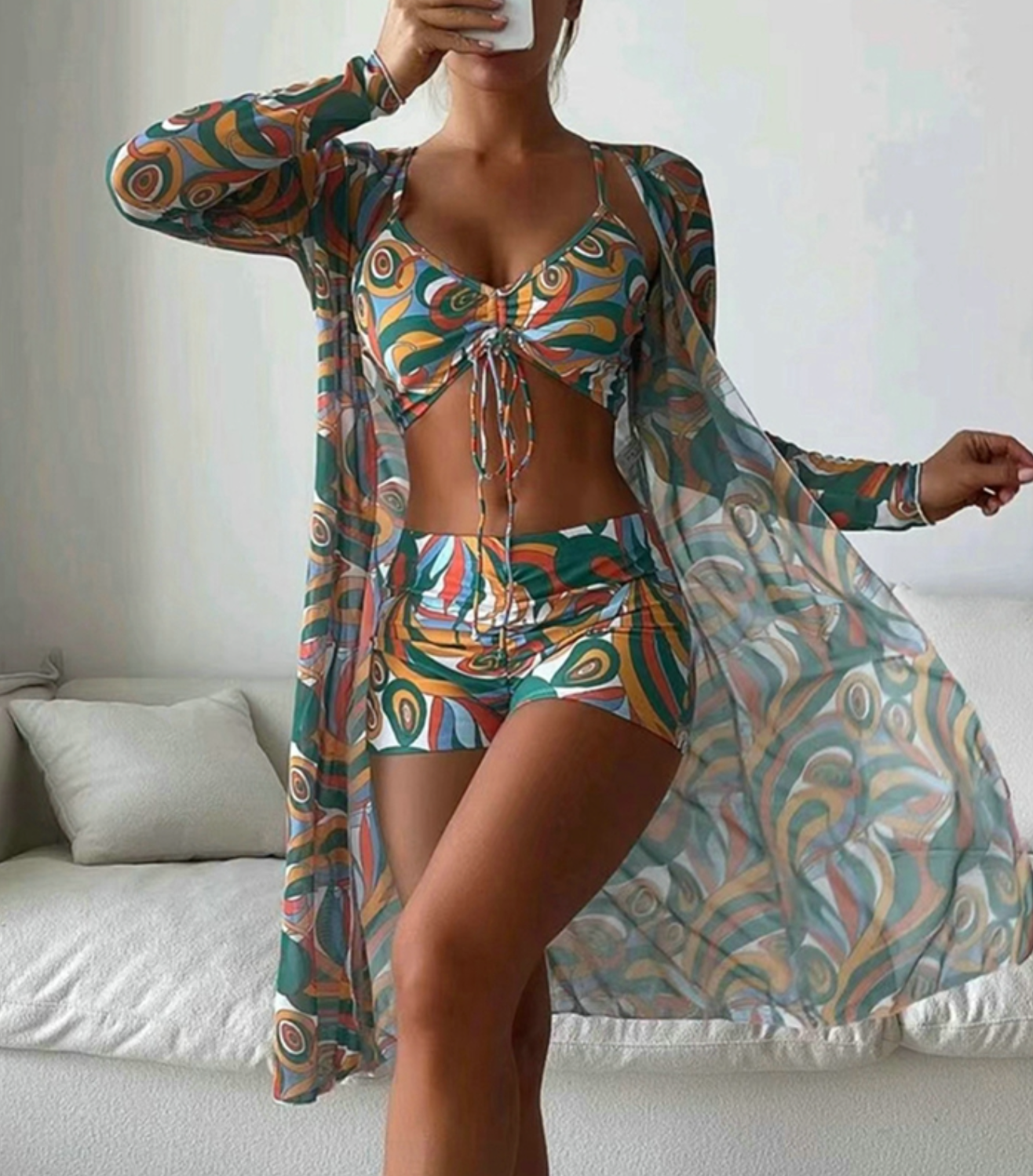 Maud - Trendy Driedelige Bikini Set Dames met Cover-Up en Grafische Print
