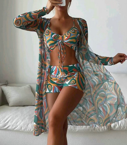 Maud - Trendy Driedelige Bikini Set Dames met Cover-Up en Grafische Print