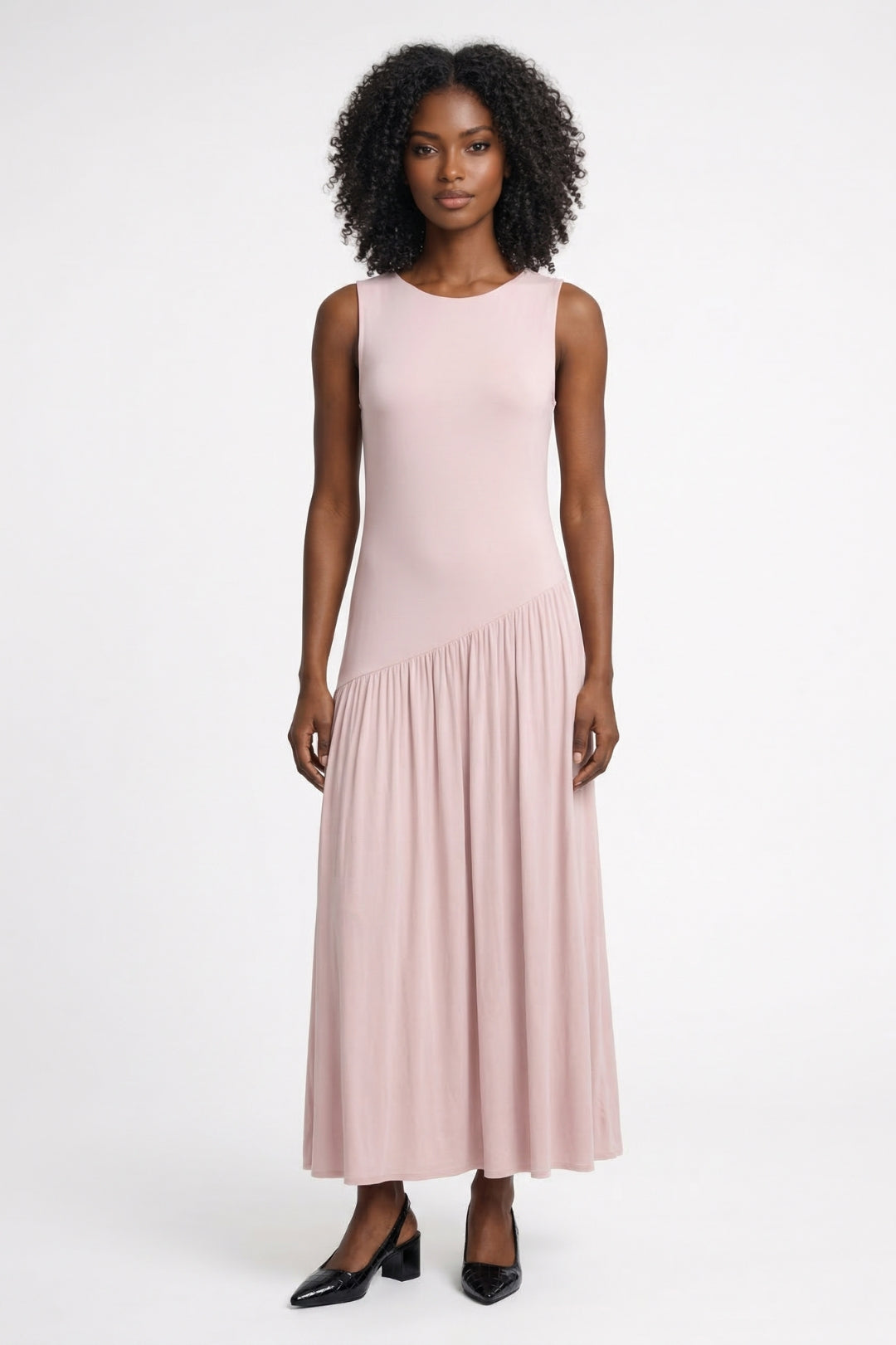 Maxi Jurk Dames - Mouwloos met Diagonale Plooival en Ronde Hals