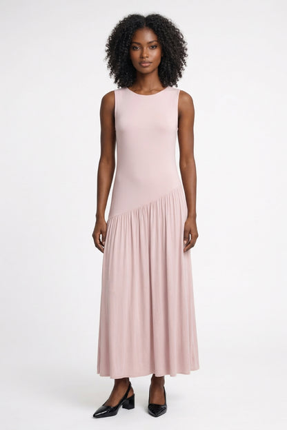 Maxi Jurk Dames - Mouwloos met Diagonale Plooival en Ronde Hals