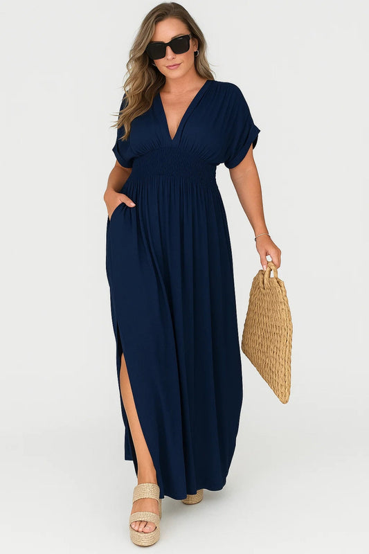 Maxi Jurk met Elastische Taille | V-hals | Split aan de Zijkant