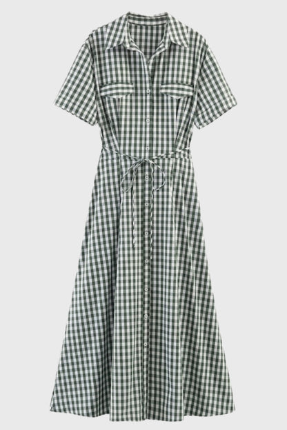 Midi Jurk Dames - Geruit Overhemd met Strikceintuur | Zomer