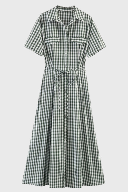 Midi Jurk Dames - Geruit Overhemd met Strikceintuur | Zomer