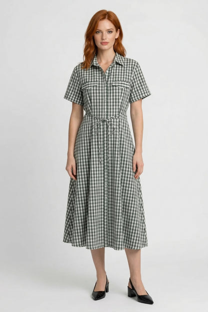 Midi Jurk Dames - Geruit Overhemd met Strikceintuur | Zomer