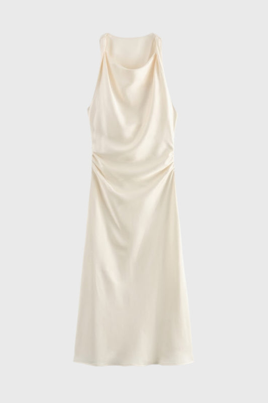 Midi Jurk Dames - Halter Draperie met Fronces en Open Rug | Elegant