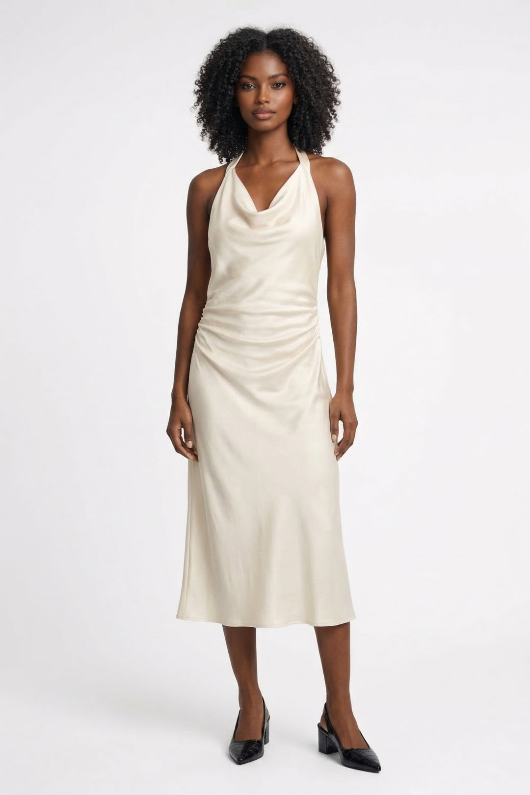 Midi Jurk Dames - Halter Draperie met Fronces en Open Rug | Elegant